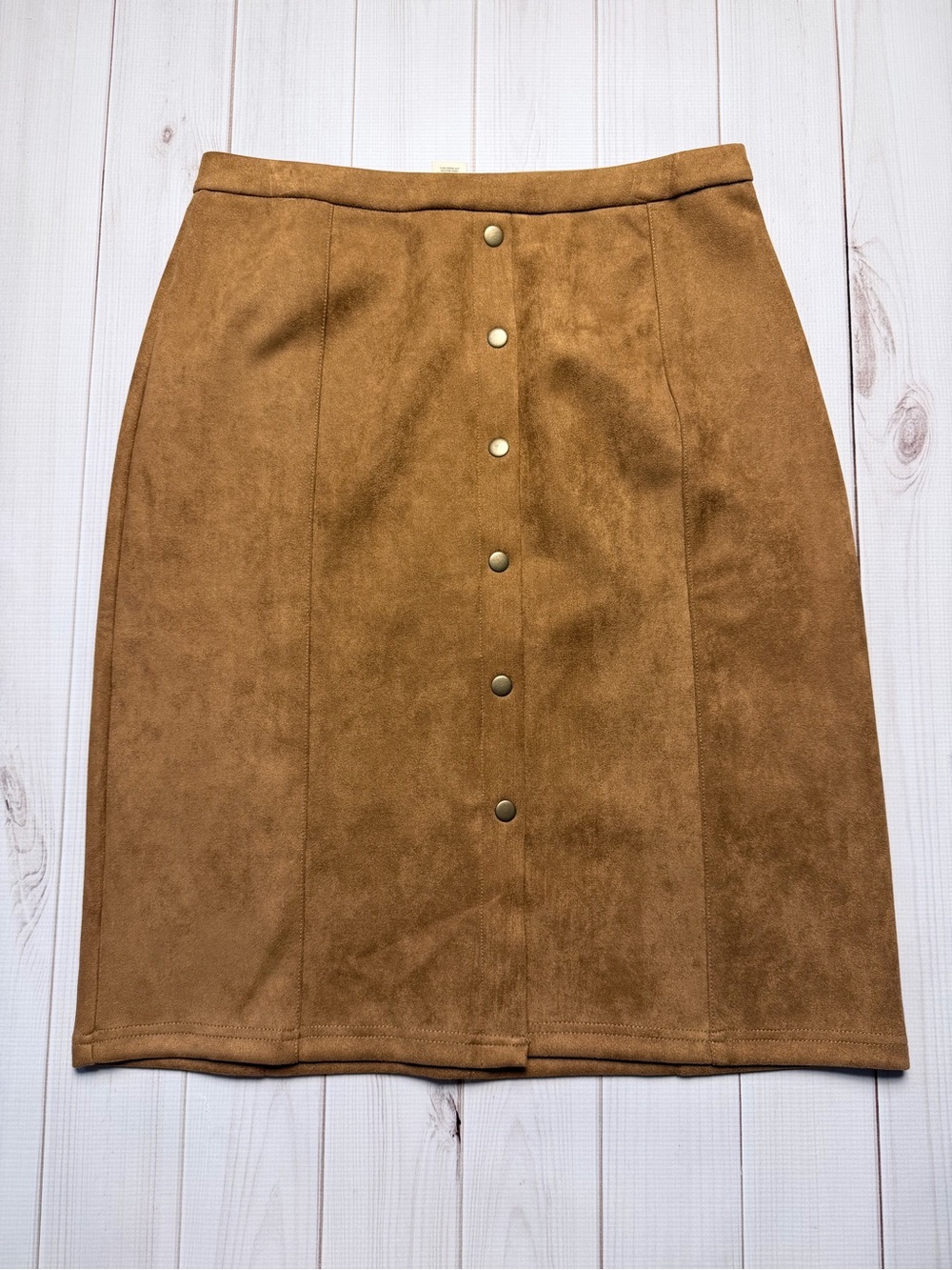 Button-Front Suede-Effect Pencil Skirt in Brown